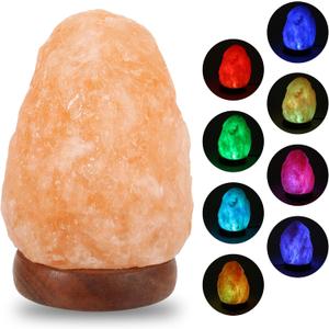 Wrcevtor Natural Salt Rock Night Lamp with 7 Colors Changing, Mini Small Crystal Salt Lamp for Home Decor and Gift - Natural Shaped, Premium Wood Base