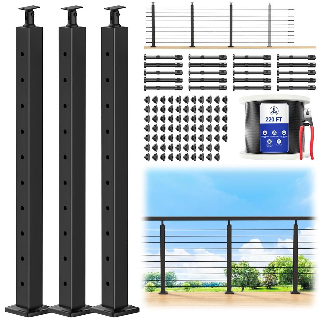 CKE 10-15ft Complete Set 36" Cable Railing Post Kit, 3Pack Adjustable Top Level Drilled Line Posts(35"x2"x2"), 220ft 1/8" Wire Rope, Black Swageless Invisible Cable Railing Kit (No Handrail) LPS01