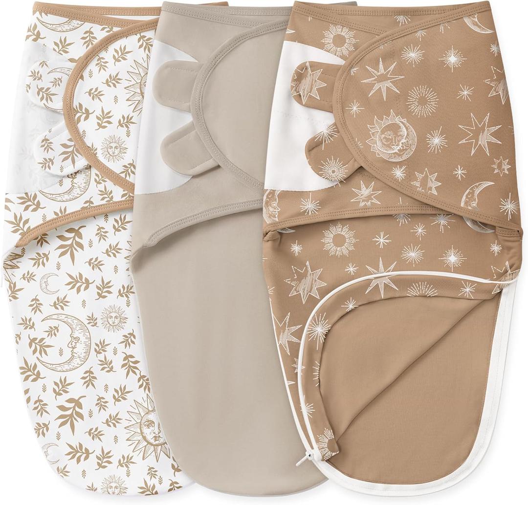 Unnivoll Baby Swaddles for Newborns with Zipper, 100% Cotton Newborn Swaddle Sack, 3 Pack Baby Swaddles 0-3 Months Swaddle Sleep Sack for Newborn Baby Boy Girl Brown Sun