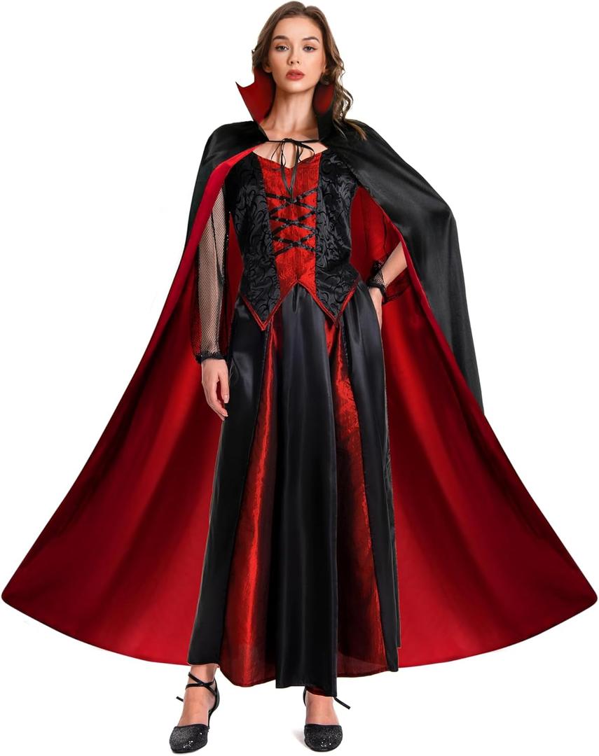 Womens Vampire Costume Outfit Dress, Gothic Vampire Cape Corset Skirt Shirt Costume Clothes Womens Halloween Costumes (Large, Style 1)