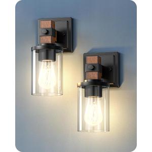 EDISHINE Wall Sconces Set of 2, Farmhouse Vanity Lights Fixtures for Bathroom, 1-Light Faux Wood Rustic Bath Wall Mount Lamp with Clear Glass Shade for Hallway, Living Room, Mirror, Kitchen