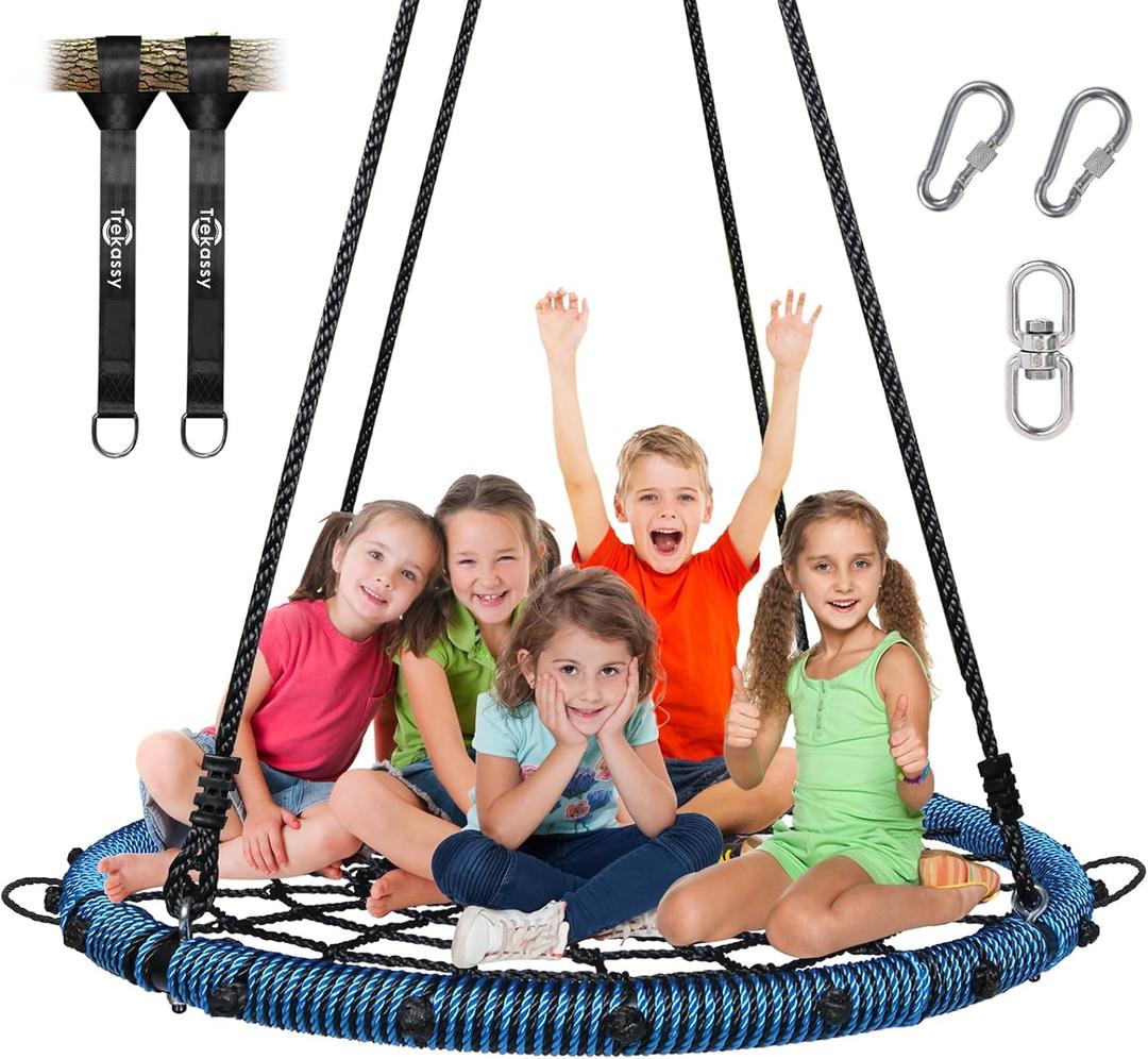 Trekassy 45" 750lbs Spider Web Tree Swing for Kids & Adults, Outdoor Steel Frame Saucer Net Swing with Swivel, Adjustable Ropes + 2 Tree Hanging Straps - Blue (Patented)