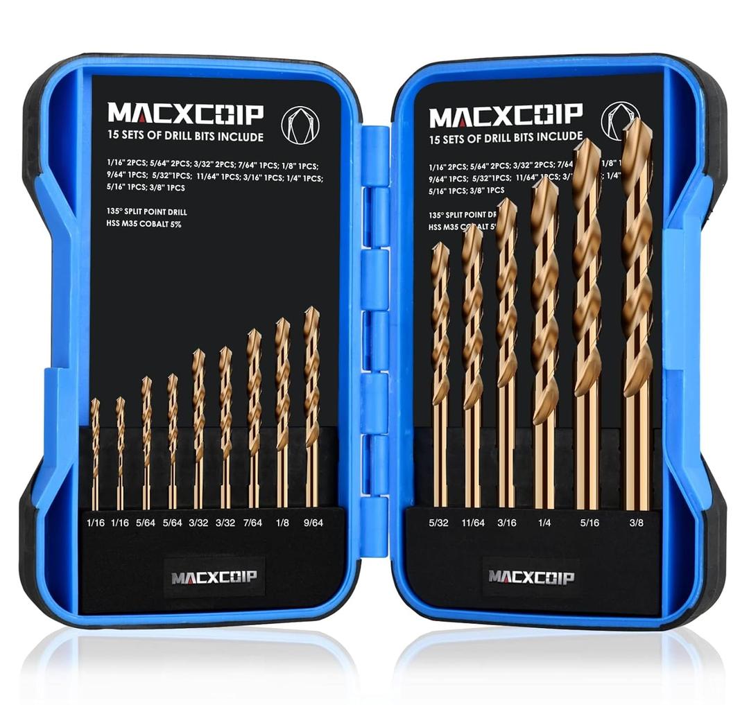 Cobalt Drill Bit Set, 15Pcs M35 High Speed Steel Jobber Length Drill Bit Kit for Hardened Metal, Stainless Steel, Cast Iron, Wood and Plastic, with Index Storage Case, 1/16"-3/8"