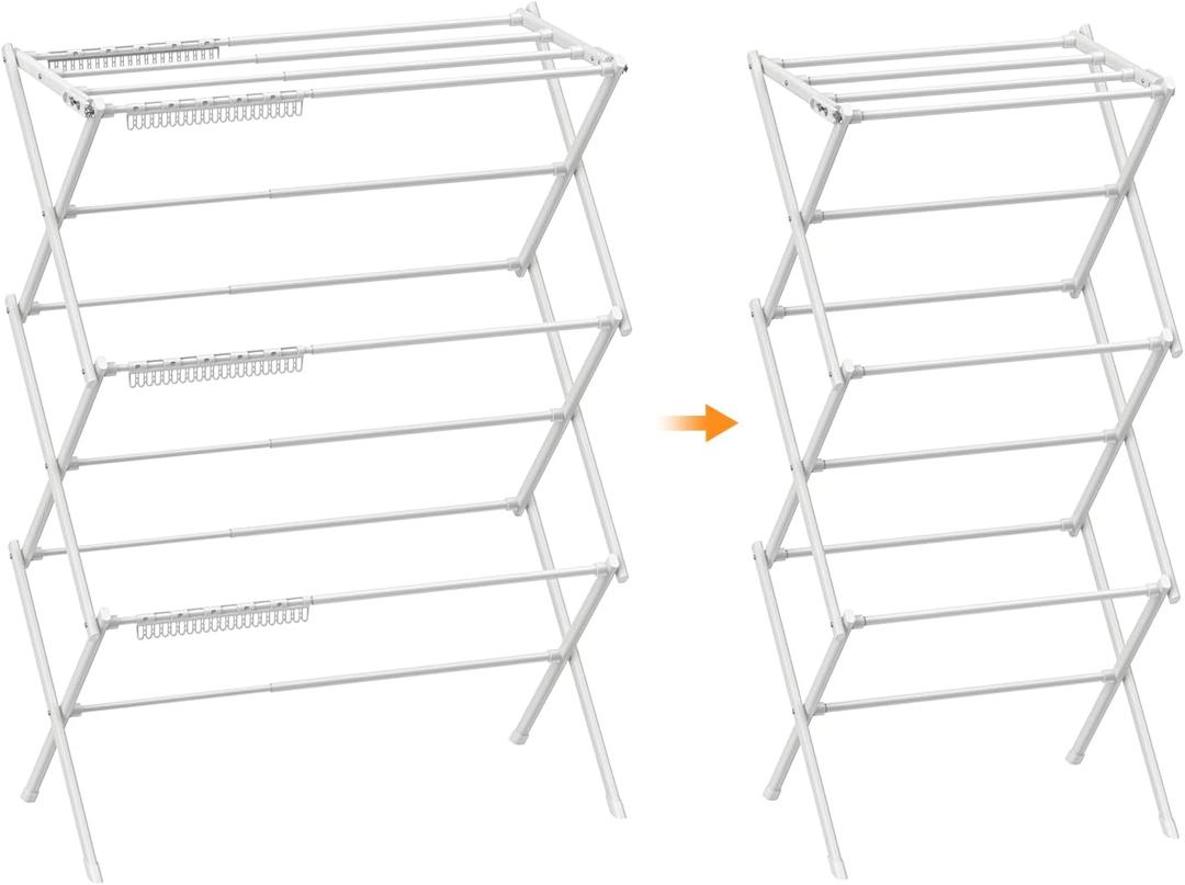 3 Tier Drying Rack Clothing, Foldable & Portable Clothes Drying Rack, Space-Saving Design, Indoor & Outdoor Laundry Rack for Drying Clothes, Metal Drying Rack, Pure White