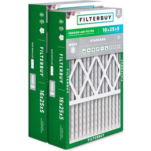 Filterbuy 16x25x5 Air Filter MERV 8 Essential Dust & Allergy Defense (2-Pack), Pleated HVAC AC Furnace Filters for Honeywell FC100A1029, Lennox X6670, and More (Actual Size: 15.75 x 24.75 x 4.38)