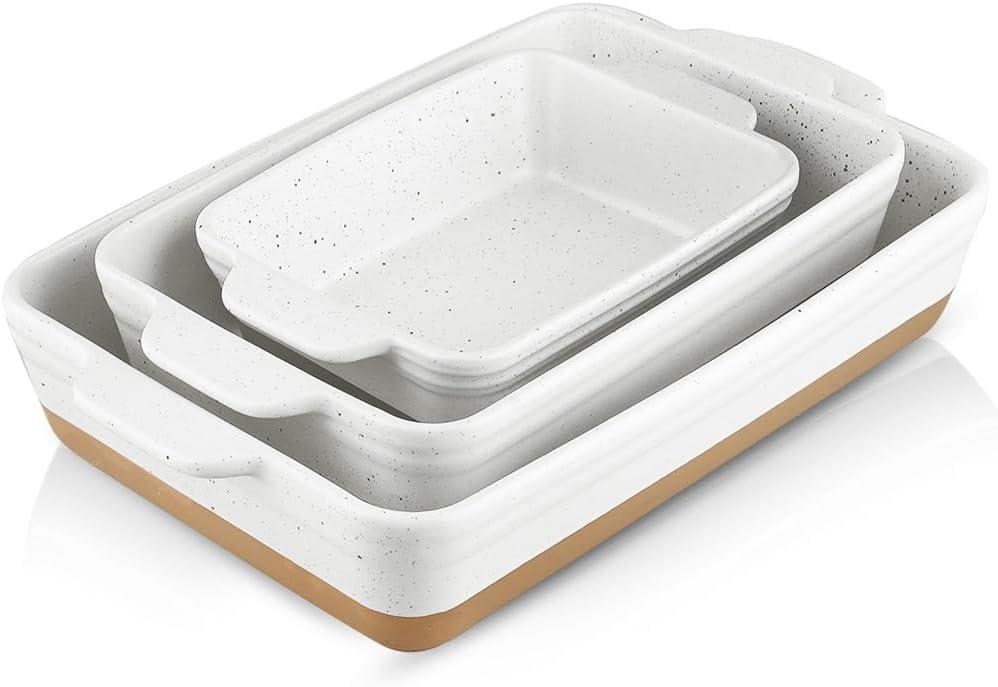 HVH Baking Dish Set, 9x13 Baking Dish, Large Casserole Dish Set, Ceramic Lasagne Pan Deep, Baking Dishes for Casseroles 13 x 9, Ceramic Bakeware Set of 3, Farmhouse Style (White)