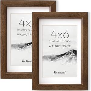 Fun Memories 4x6 Picture Frame Set of 2, Natural Solid Walnut Wood Photo Frame with HD Tempered Glass, Modern Simple 4x6 Wooden Frame Matted to 3.5x5, Wall or Tabletop Display, 4x6 - 2P