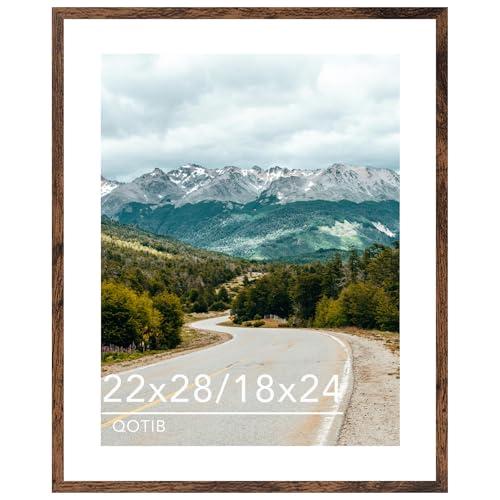 QOTIB Wood 22x28 Picture Frame with 18x24 Mat, Display 18x24 with Mat or 22x28 Without Mat, Wood 22 by 28 Photo Frame, 22 x 28 Frame for Wall Hanging Display, Deep Brown