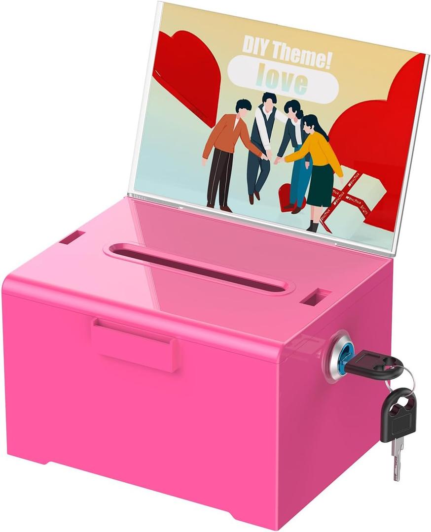 Uniclife Acrylic Donation Box with Lock and Sign Holder Pink Ballot Box with Slot Plastic Suggestion Box Tip Jar Cash Storage Container Drop Box for Fundraising Voting Raffle Charity, 6.2" x 5" x 4" (1 Pack)