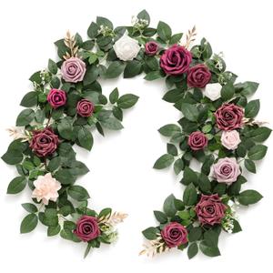 Ling's moment 5FT Burgundy Artificial Flower Garland Dusty Rose Leaves Floral Garland Arch Flowers Vine for Wedding Party Backdrop Decor Mantel Home Table Centerpieces Wall Decorations