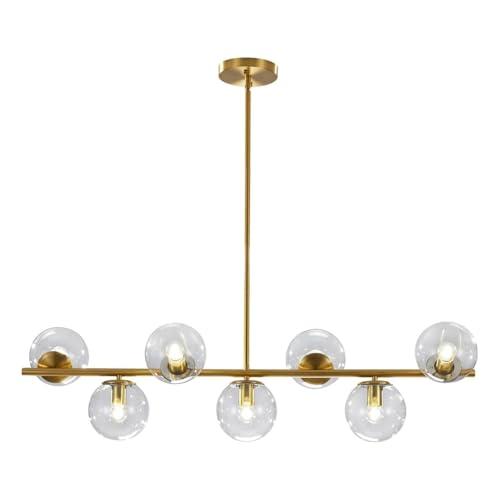KCO Lighting 7-Light Clear Glass Globe Sputnik Chandelier Lighting Mid Century Modern Pendant Hanging Light Ceiling Gold Brass Chandeliers for Kitchen Island Dining Living Room