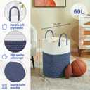 Laundry Basket,Woven Cotton Rope Laundry Hamper,Versatile Storage for Dirty Clothes,Baby Toys,and Blankets in Bathroom, Nursery,and Living Room (Blue, 60L)