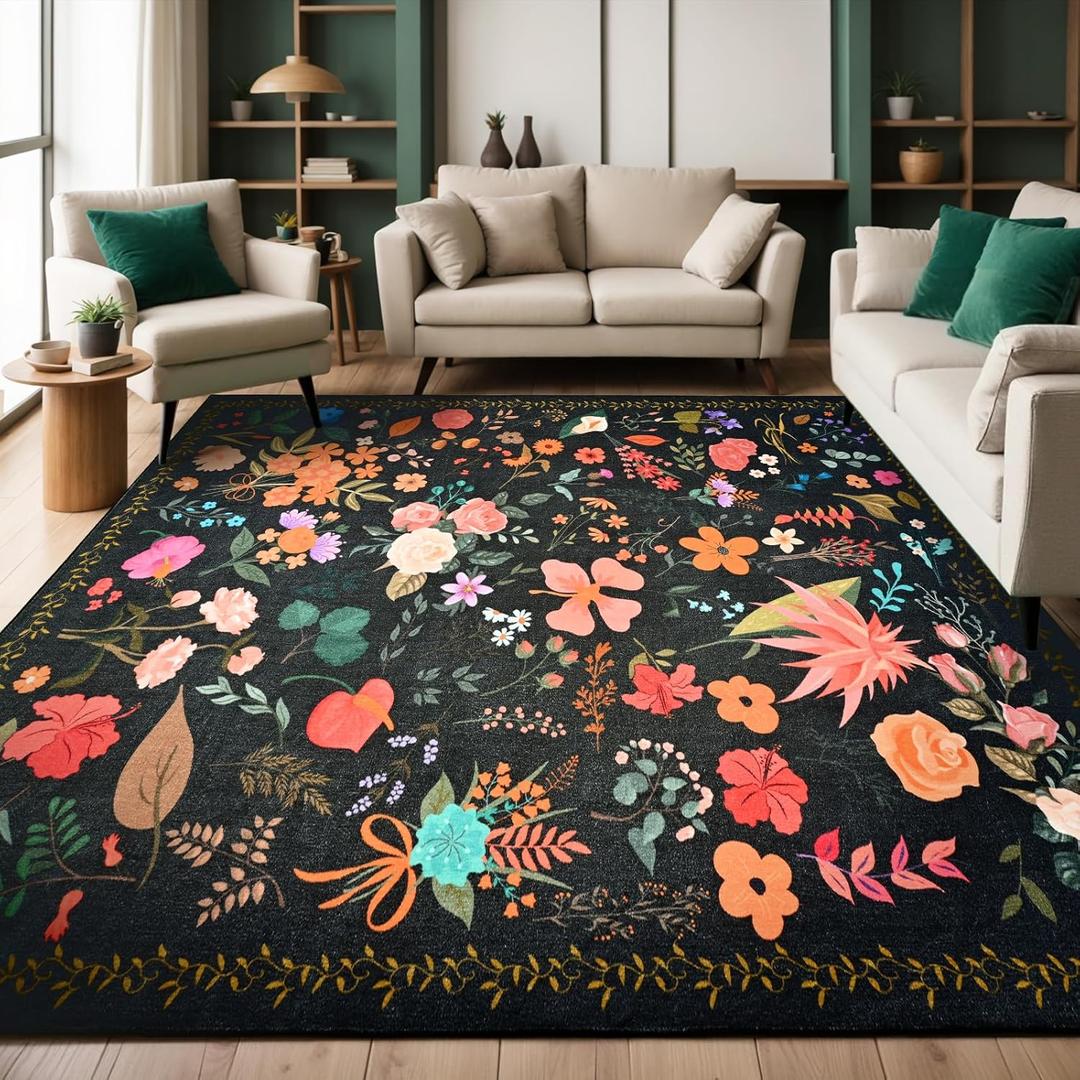 Area Rug 8x10, Washable Large Rugs for Living Room, Non Slip 0.27 Low Pile Vintage Floral Large Carpet for Bedroom, Living Room, Dining Room, Kids Playroom (Black)
