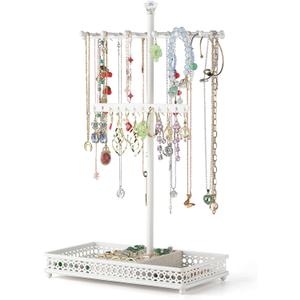 Meangood Jewelry Tree Stand Organizer 3in1 Necklace Organizer Display Bracelet Earrings and Ring Tray Jewelry Holder Hanger MetalWhite