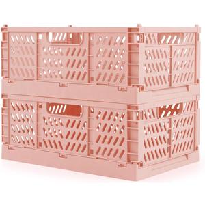 Domiella 2-Pack Crates for Storage, Storage Crates Plastic Stackable, Foldable Crate for Office Home Kitchen Bedroom Bathroom (Small, Pink)