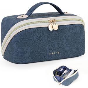 Prite Makeup Bag for Women Travel Waterproof Vegan Leather Cosmetic Bag Open Flat Toiletry Bag With Clear Divider and Handle (Blue Flower, Medium)