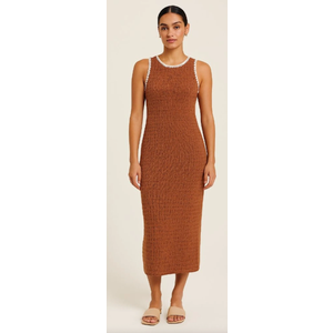 BTFBM Womens Knit Bodycon Midi Dress Casual Sleeveless See Through Cover Up Dresses Crew Neck Slit Tank Summer Dresses, Brown, Size: L