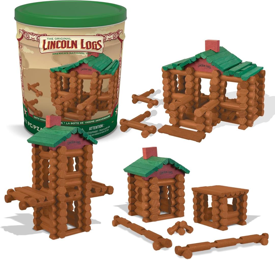 Basic Fun Lincoln Logs - Centennial Tin, 111 Pieces, Real Wood Logs, Ages 3+, Best Retro Building Set for Boys and Girls, Creative Construction Engineering