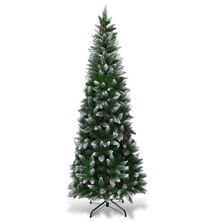  7.5ft Snow Flocked Pencil Christmas Tree Hinged Pine Cones