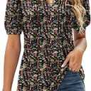 Micoson Womens V Neck Puff Short Sleeve Pleated T Shirts Fashion Summer Tops Casual Tunic Blouse, Medium 