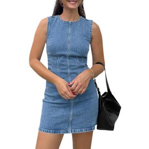 Wenrine Womens Denim Mini Dress Casual Sleeveless Crewneck Summer Jean Tank Dresses (Small)