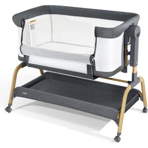 Jimglo 3 in 1 Baby Bassinet, Bedside Bassinet for Baby, Rocking Bassinet with Comfy Mattress and Wheels, 6 Height Adjustable Easy Folding Portable Bedside Crib for Newborn