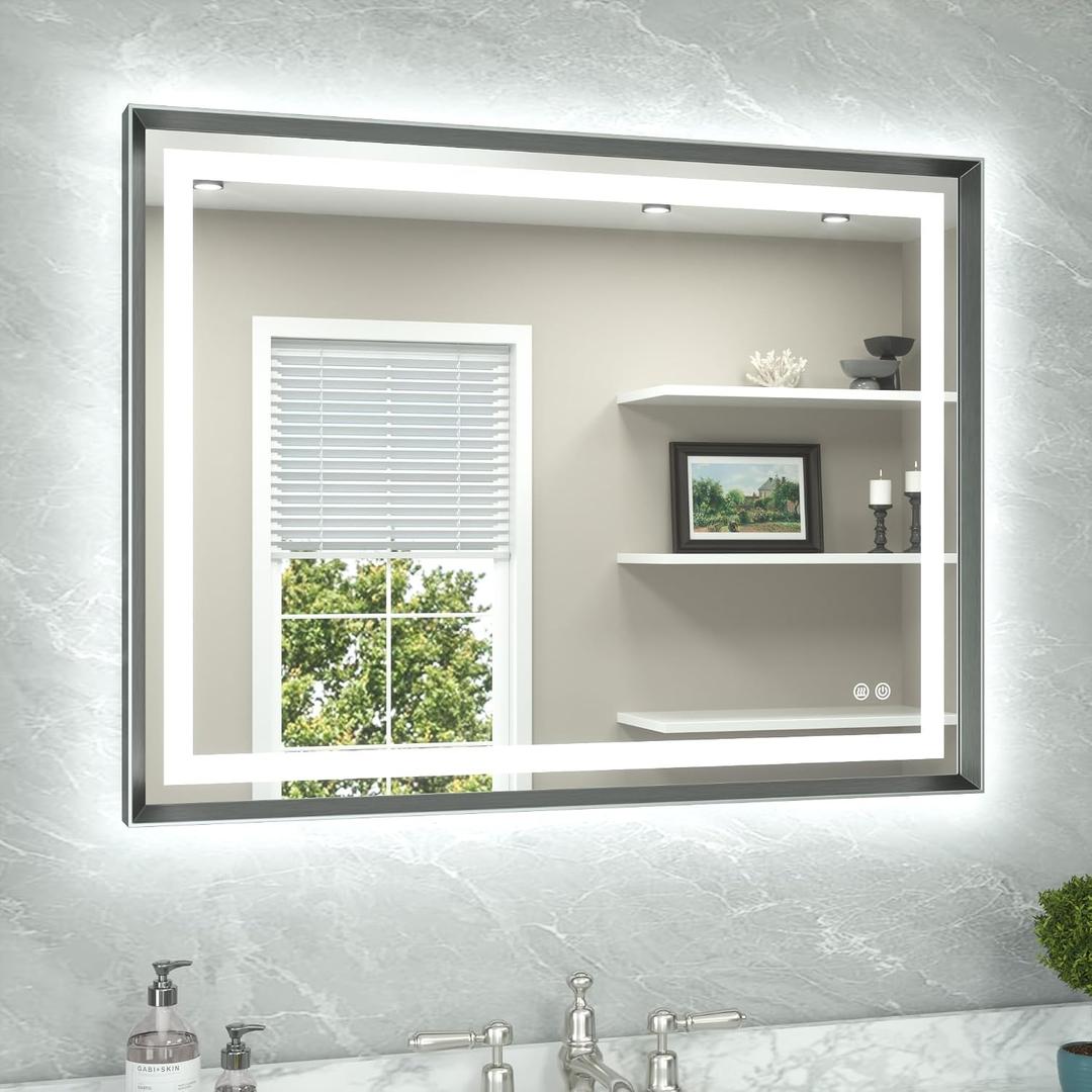 Led Bathroom Mirror 40 x 30 with Brushed Gunmetal Gray/OffBlack Frame Anti-Fog Frontlit & Backlit Vanity Mirror Stepless Dimmable Lighted Mirrors for Bathroom Wall