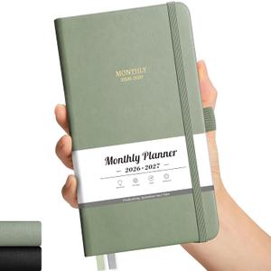 2026-2027 Monthly Planner, Jan 2026 - Dec 2027, Pocket Size (4.3" x 5.9"), 2026-2027 Calendar, 24 Self-adhesive Monthly Tabs, Leather Hardcover, 100 GSM Thick Paper (Light Green)