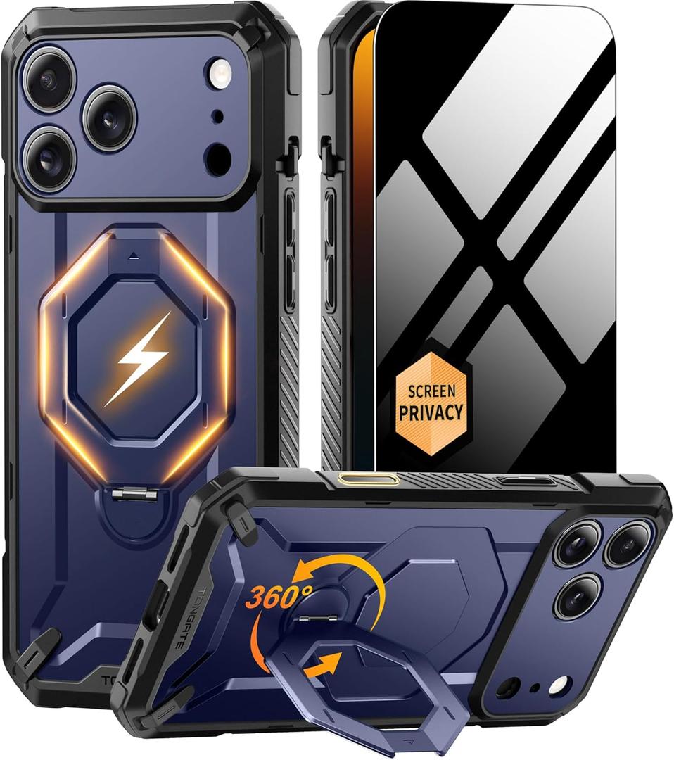 TONGATE for iPhone 17 Pro Case with 360 Spin Magnetic Stand, [Compatible with MagSafe][Military-Grade Protection] with Privacy Screen Protector & Camera Control Cover for iPhone 17 Pro, Blue