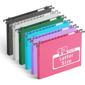 Ansook Extra Capacity Plastic Hanging File Folders,1" Expanding Accordian Pocket,Heavy Duty for Filing Cabinet, Hard and Durable Hang Folders,Insertable Tabs,Letter Size,Assorted Colors - 12 Pack