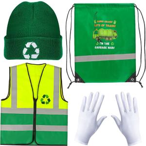 Kyson 4 Pcs Kids Garbage Man Costume Kit Trash Man Costume Set Waste Management Recycle Dress Up for Halloween Career Day (Green)