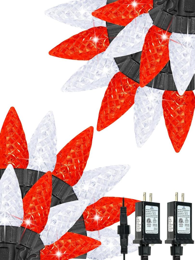 2 Pack C6 Christmas Lights Outdoor Indoor, Total 200 LED 66 FT Connectable Christmas String Lights with Timer & 13 Modes, Waterproof Twinkle Light for Xmas Tree Party Yards Decorations (Red and White)