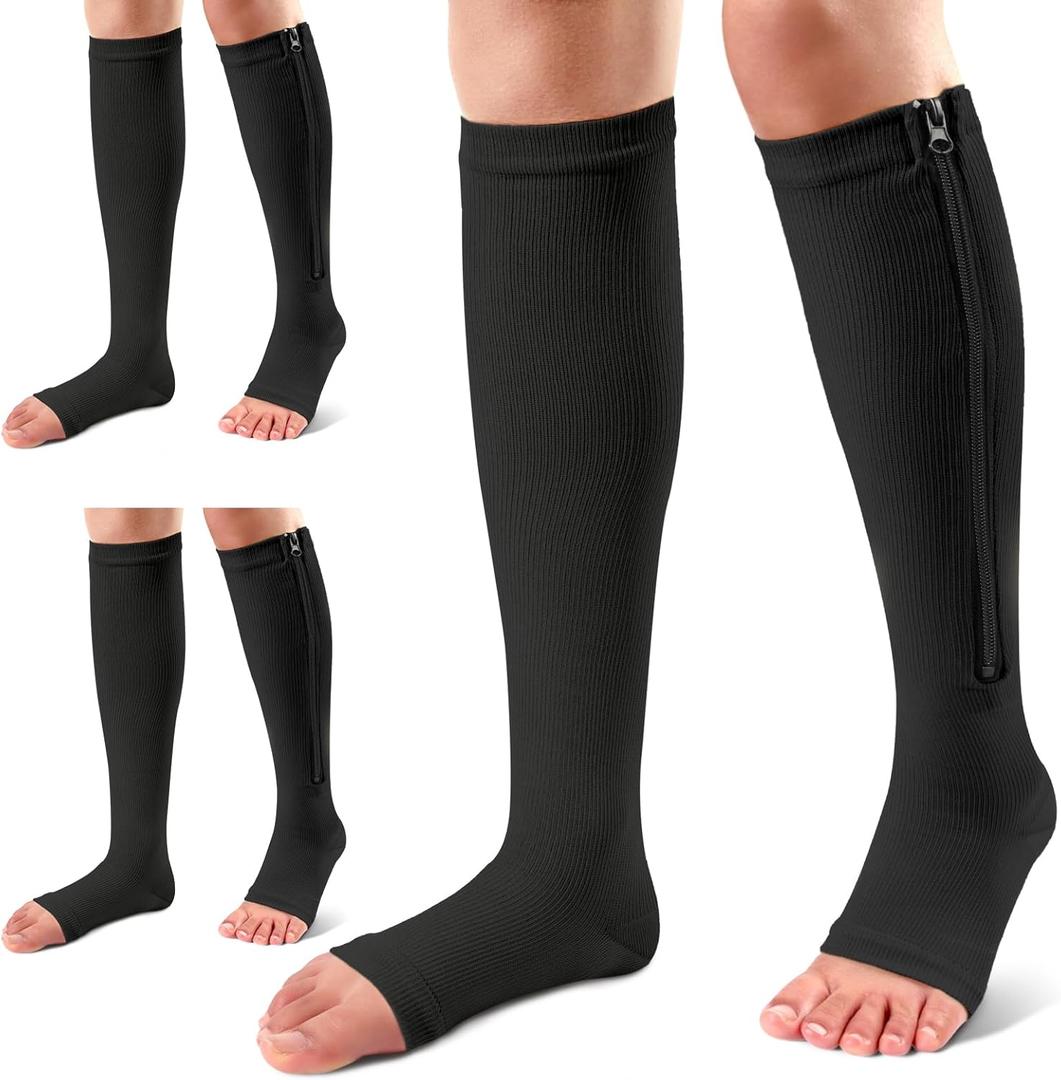 Ailaka 3 Pairs Compression Socks with Zipper, 15-20 mmHg Medical Knee High Compression Socks for Men Women, Open Toe Socks for Varicose Veins, Edema, Recovery (Black)