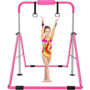 Safly Fun Foldable Gymnastics Bar for Kids, Adjustable 35"-51", Sturdy 145 lbs Capacity, Easy-to-Assemble, Gymnastics Equipment for Kids for Indoor/Outdoor Training (Pink)