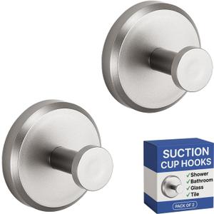 HOME SO Suction Cup Hooks for Shower & Bathroom Towel Holder 2-Pack Suction Cups Hooks for Hanging Towels, Robes, & Coats - Tiles, Glass Door or Mirror Shower Hooks & Towel Hooks Organizer -Nickel