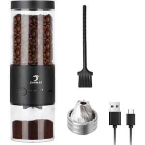 SANMAS Electric Burr Coffee Grinder with Stainless Steel Grinding Core, Rechargeable Coffee Beans Mil Grinder with 80 Grind Settings from Fine to Coarse for Espresso, Portable for Camping Travel