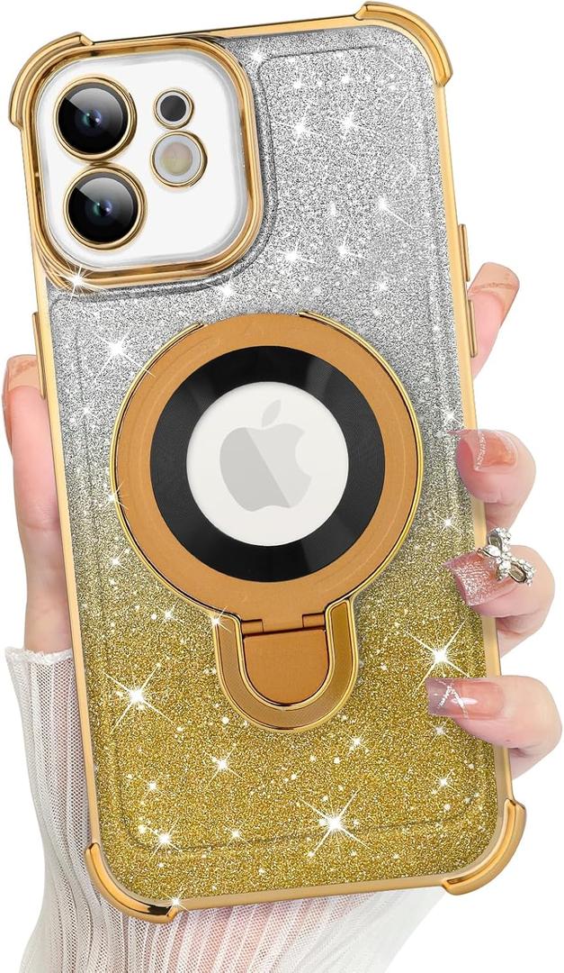 KANGHAR for iPhone 12 Case, Support for MagSafe [Four Corner Cushion Series] Kickstand Electroplate Edge Shockproof Durable Full Body Protection for Girls Women -Gold