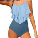 Girls Swimsuit Color Block One Piece Swimsuit 2-Tiered Ruffle Bathing Suit Adjustable Strap Girls' Swimwear 7-16Y