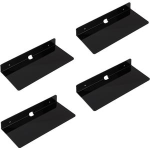 IEEK 4 PCS Small Acrylic Floating Wall Shelves, 9 Inch Adhesive Display Shelf for Nintendo Switch/Smart Speaker/Security Cameras/Action Figures, No Damage Expand Wall Space, Black