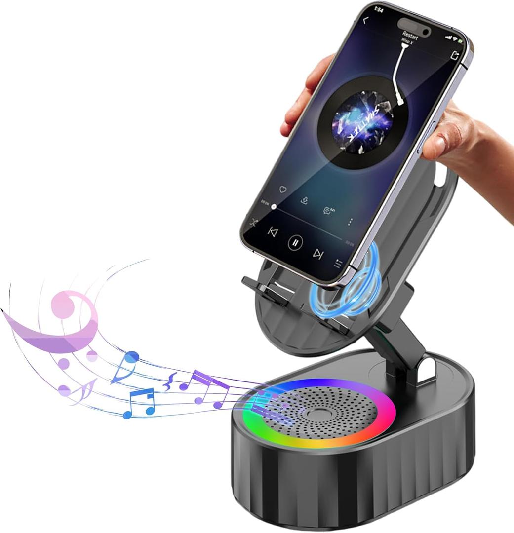 Wireless Induction Audio Bluetooth Speaker 5in1 Phone Holder Emergency Rechargeable (3000mAh) with Colorful Ambient Light 300 Foldable for Tablet iPhone Android, Gifts for Men Women (Black)