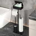 Freestanding Toilet Paper Holder Stand with Storage Box, Tissue Dispenser, Brush Holder, Black Metal, 23.6 x 9.4 x 4.7 Inch, 3-Roll Reserve