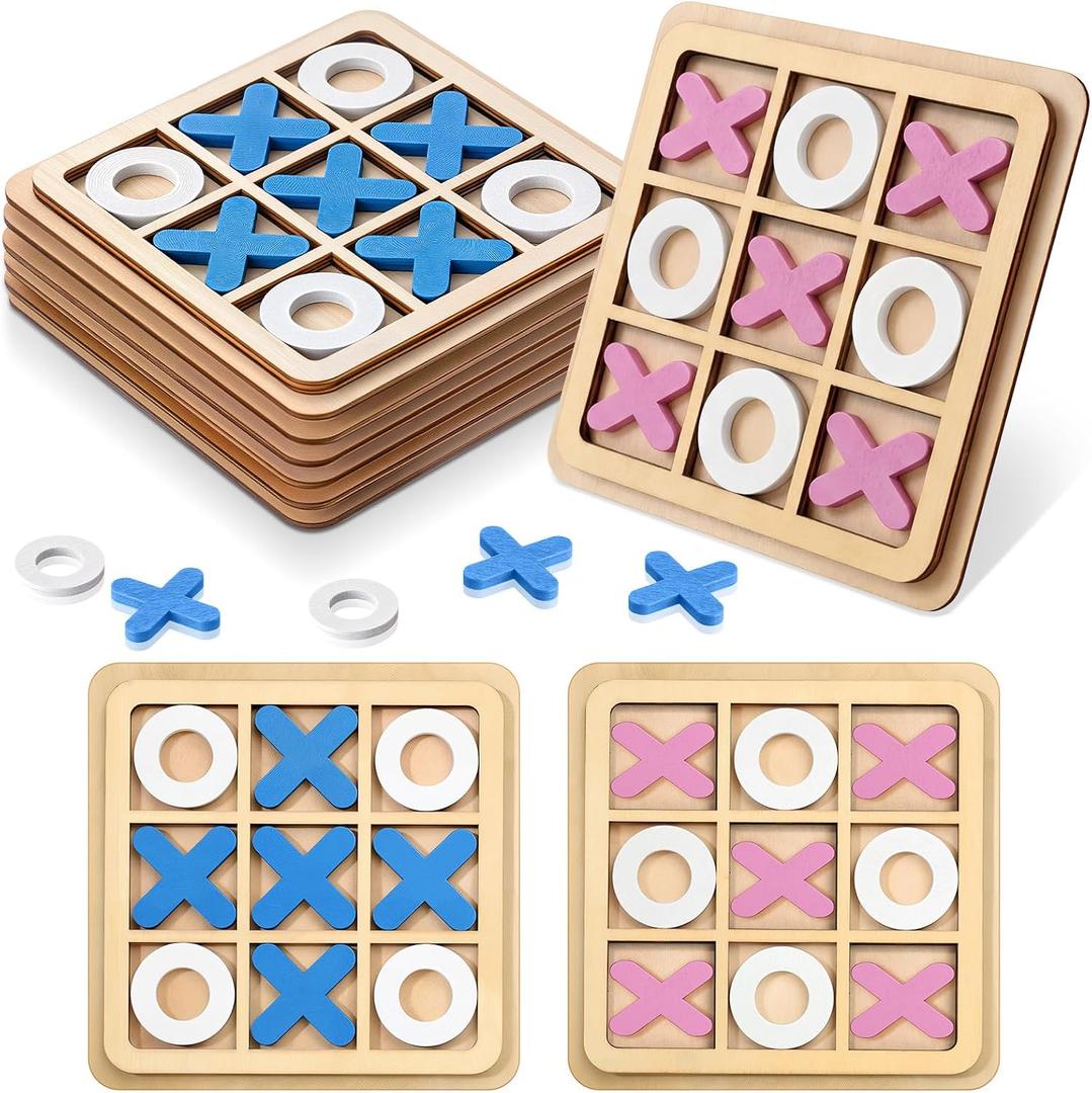 Meooeck 6 Pieces Wooden Tic Tac Toe Game Mini Board Game XO Chess Board Family Toys Birthday Party Favors, Goody Bag Stuffers (Cute Color)