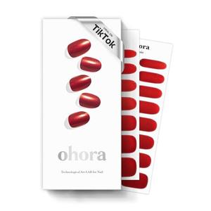 ohora Semi Cured Gel Nail Strips (N Red Chrome) - Red, Chrome, Works with Any UV/ LED Lamps, Salon-Quality, Long Lasting, Easy to Apply & Remove - Includes 2 Prep Pads, Nail File & Wooden Stick