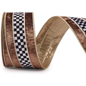 2.5 Inch Brown Velvet Wired Ribbon 10 Yards Black and White Plaid Metallic Crushed Velvet Christmas Ribbon for Gift Wrapping Christmas Tree Decoration Crafts Wreaths (Brown, 2.5"-10 Yard)