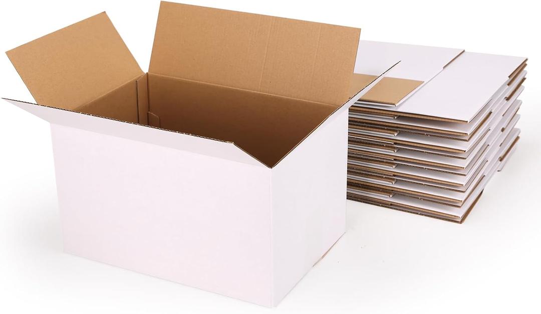 Hoikwo 15 Packs 12x8x7 Large Thin Shipping Boxes, White Big Corrugated Cardboard Box Set for Small Business for Packaging Mailing Lightweight Items