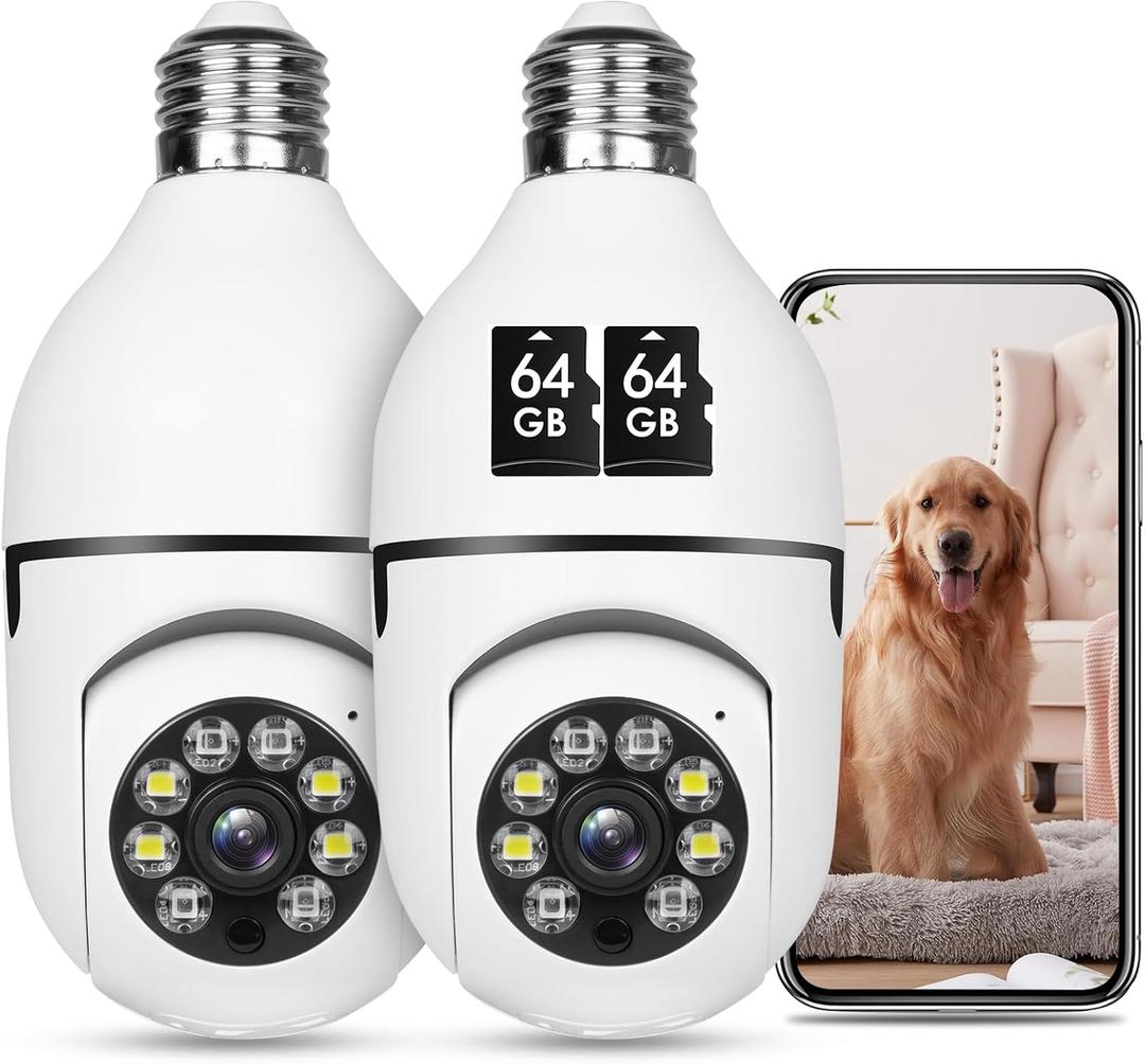 Light Bulb Security Camera HD Pan Tilt Wireless 360 Degree Floodlight Night Vision 5Ghz with Floodlight Human Motion Detection and Alarm 2pack with 64GB Card