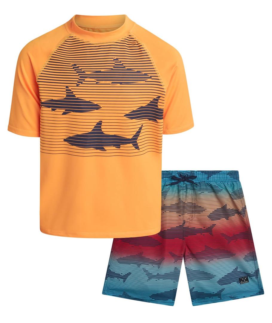 Big Chill Boys Swim Set - 2 Piece Quick Dry UPF50+ Protection Rash Guard Swim Shirt Short Sleeve and Swimming Trunks for Boys, Size 7, Orange Gradient Shark