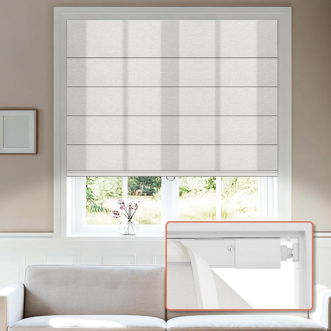 No Tools No Drill Roman Shades, Cordless Light Filtering Roman Blinds for Windows, Room Darkening Window Shades, Smooth Push & Pull, Easy to Install, White, 26" W  48" H
