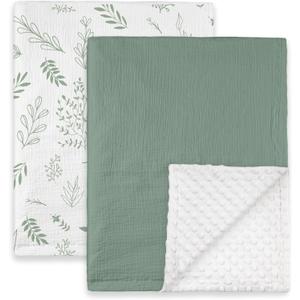 GLLQUEN BABY Blankets for Unisex Boys Girls, 2-Pack Muslin Cotton Front Soft and Breathable, and Dotted Fleece Backing, Nursery Minky Blankets for Toddler Newborn, Green Leaves,30 x 40 inches