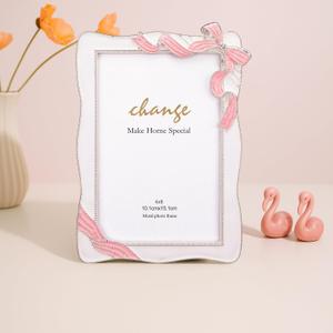 Qunclay Bow Picture Frames 4 x 6 Inch Coquette Bow Photo Frame Ornate Cute Pink Design Ribbon Shaped Metal Display Picture with Glass Front for Home Wedding Tabletop Wall Hanging Decor Holiday Gift
